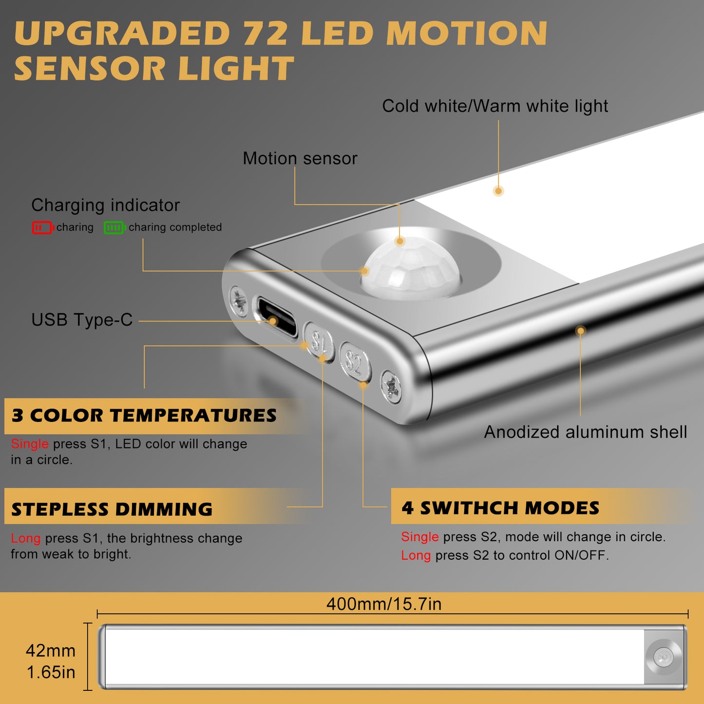 15.7 Inches Motion Sensor Under Cabinet Lights Wireless